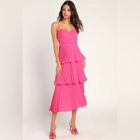 Lulus Cascading Crush Hot Pink Tiered Midi Dress - Size L - Picture 2 of 10